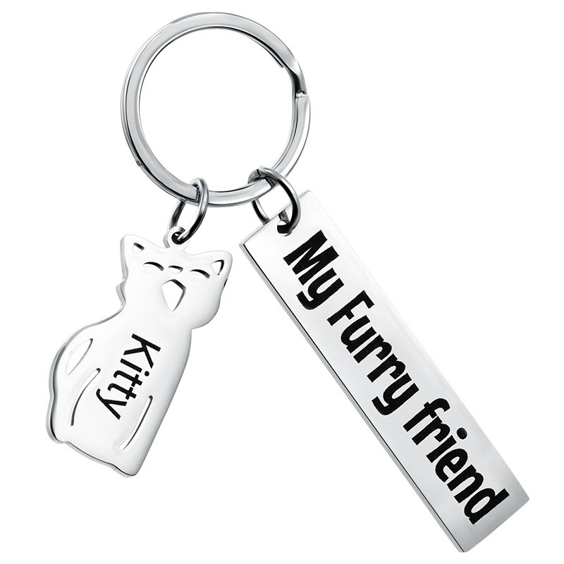 Porte-clés Rectangulaire Gravé Personnalisé avec Breloque Chat