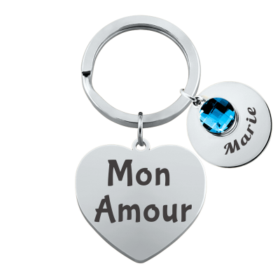 Porte-clés Cœur Gravé Personnalisé et 1 Pierre...