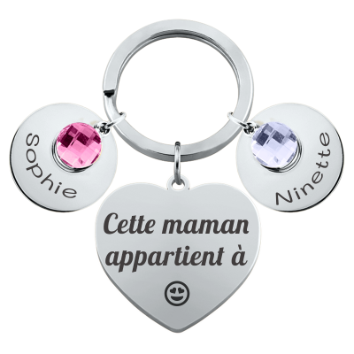 Porte-clés Cœur Gravé Personnalisé et 2 Pierres...