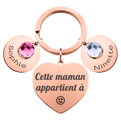 Porte-clés Cœur Gravé Personnalisé et 2 Pierres...