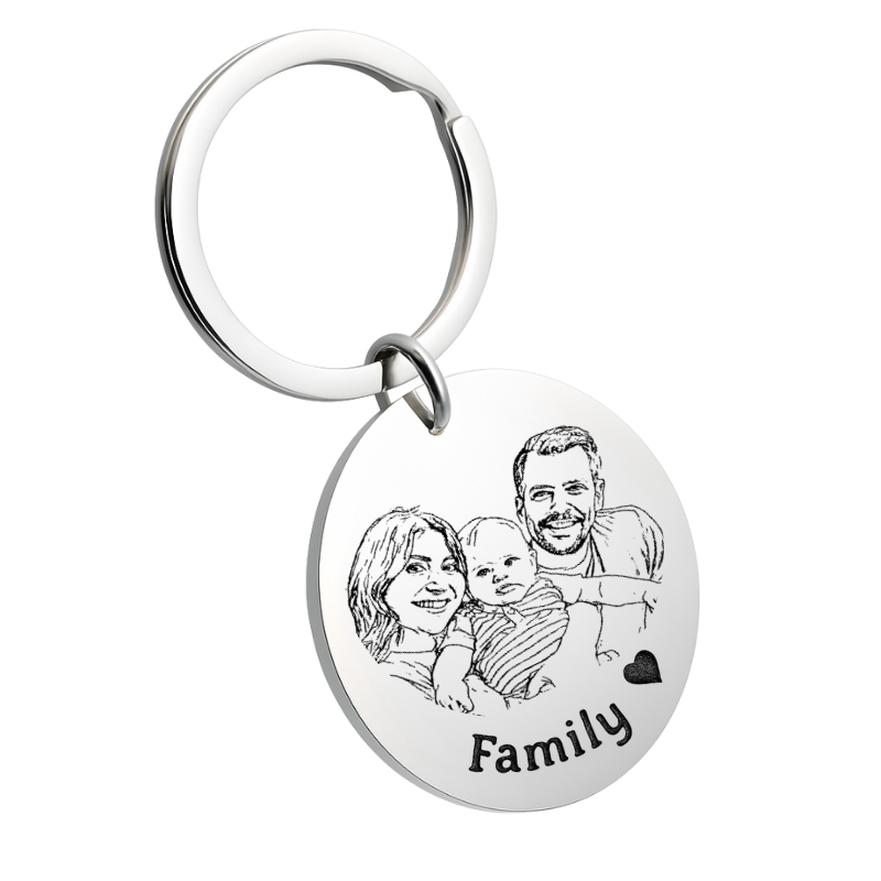Porte-clés Rond Grand Format – Votre Photo Transformée en Dessin & Gravée avec Texte Personnalisé